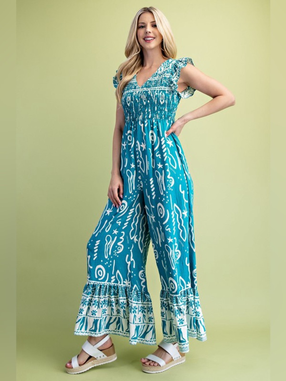 Green Printed Smocked-Waist Wide-Leg Jumpsuit Small NEW - Picture 5 of 6